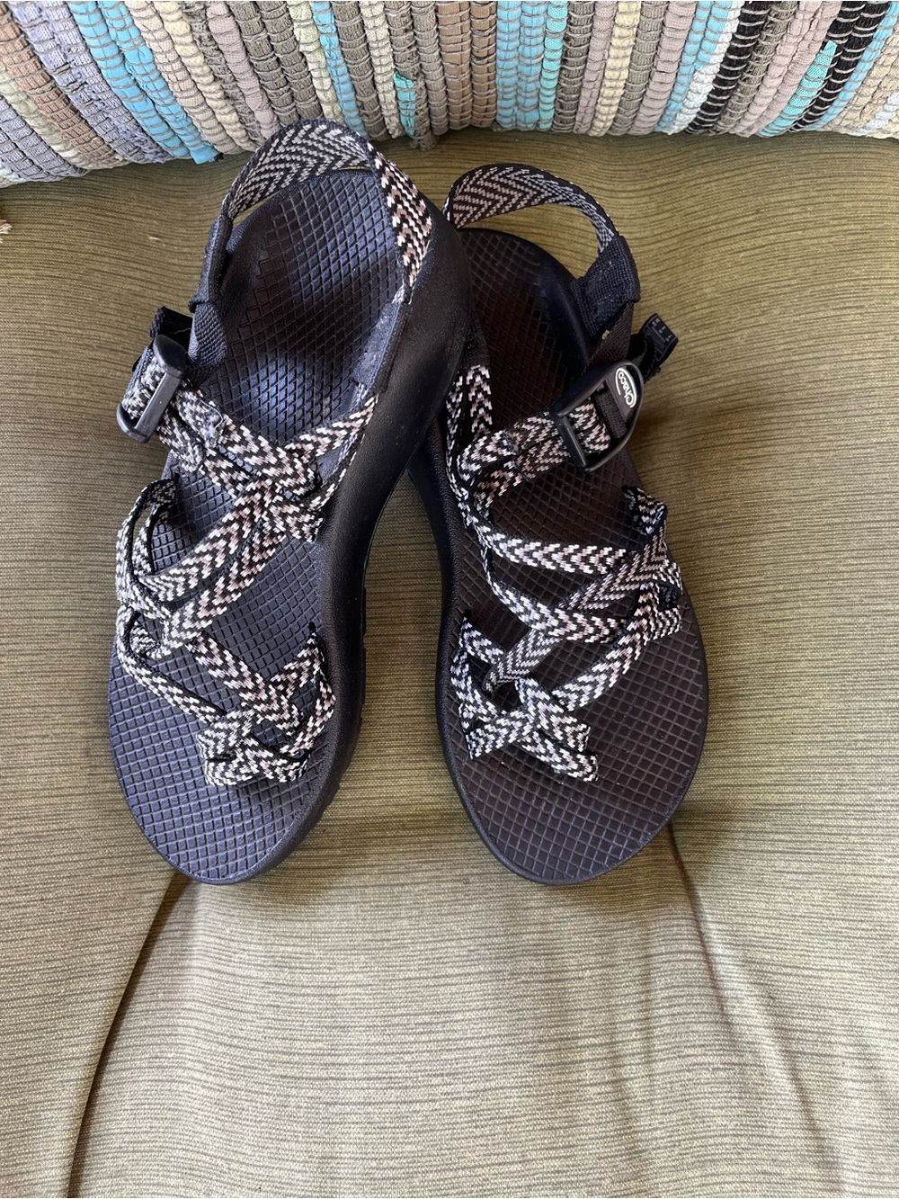 Chaco ZX/2 Classic Black Sandals with White Braided Straps and toe loops